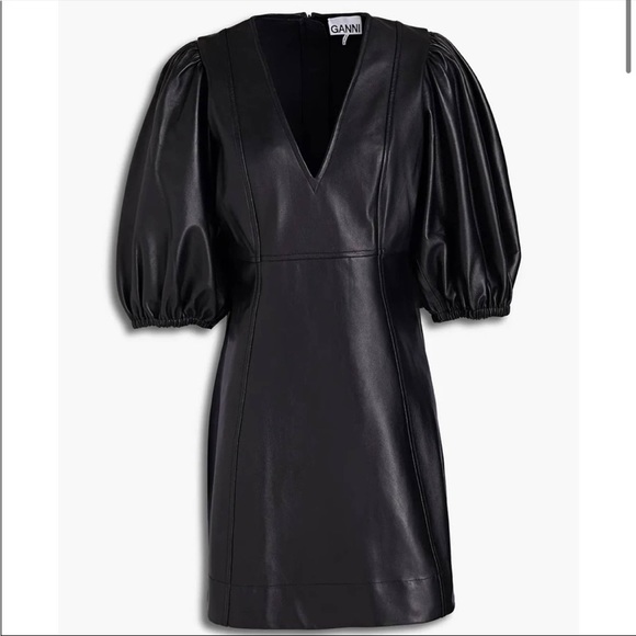 Ganni Puff Sleeve V Neck 100% Lamb Leather Dress - Picture 3 of 13